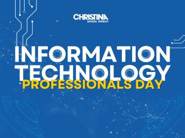 CSD logo. Blue background with ion stems and circles. Information Technology Professional Day.